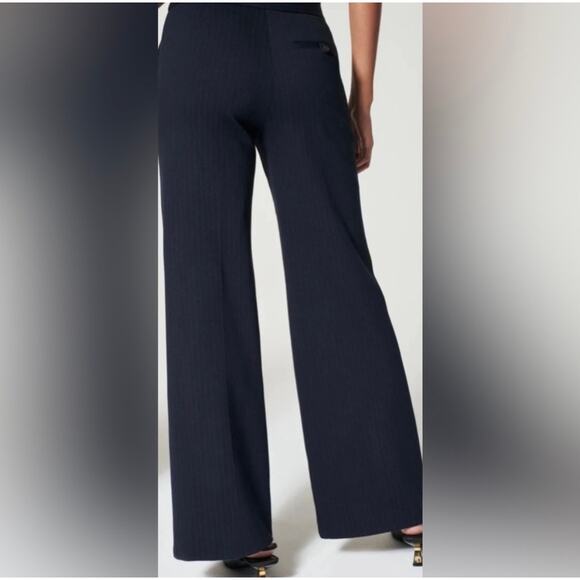 Spanx Wide Leg High Waist Ponte Navy Pin Stripe Career Office Work Pants Medium - Picture 1 of 15